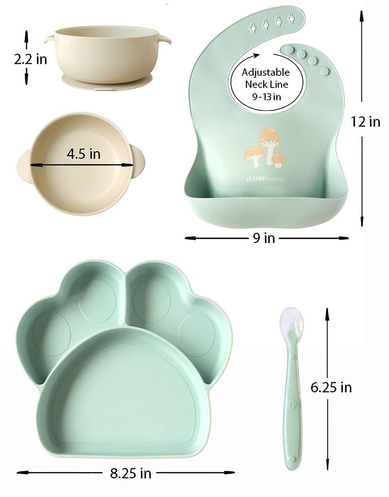 YMCF Products Baby or Toddler Feeding Set | Silicone Bib, Divided Plates, Suction Bowls & Spoons, Dishwasher-Safe, Easy-Wipe Cleaning (Beige/Sage) - Image 2